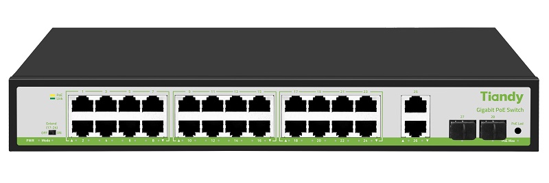 Неуправляемый РоЕ коммутатор, 28 портов (24 РоЕ RJ-45 х1Гбит/с + 2 Uplink RJ-45 х1Гбит/с + 2 Uplink SFP х1Гбит/с); РоЕ IEEE802.3af/at до 30Вт/порт; РоЕ бюджет 260Вт; Поддержка PoE Watchdog, PoE Priority (1-16 порты), Extend режим 250м (17-24 порты); AC 100-240В; -10~50℃; 370х290х85мм, вес: 2.28 кг.