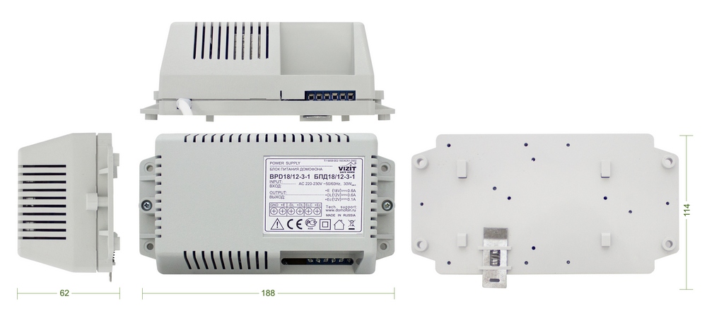 Блок питания, 18V/0,6A,12V/0,6A (нестабилизир.), 12V/0,1A (стабилизир.), встроенное реле управления замком, пластиковый корпус. Назначение: для питания домофонов VIZIT совместно с замком.