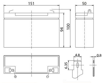 Аккумулятор 12 А/ч., 6В, 151x50x100 мм, вес 1,95 кг, UPS series