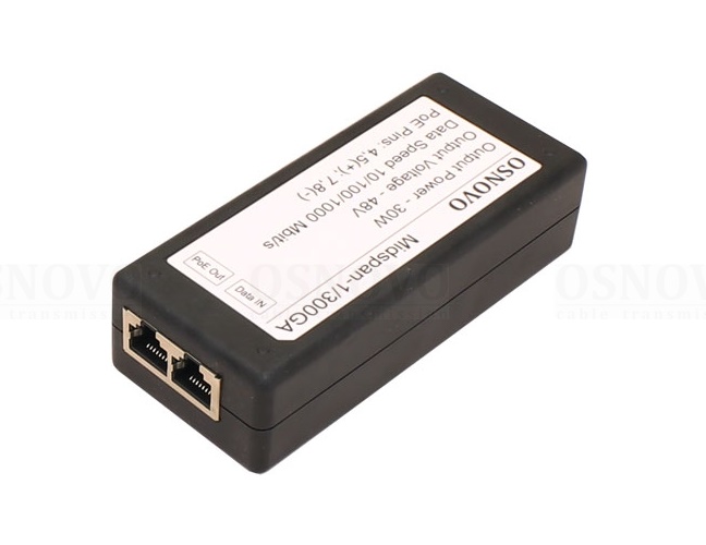 PoE-инжектор Gigabit Ethernet на 1 порт. Совместим с оборудованием PoE IEEE 802.3af. Мощность PoE на порт - до 30W. Напряжение PoE - 48V(конт. 4,5(+), 7,8(-))