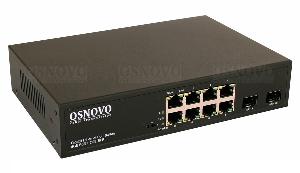 Коммутатор сетевой Gigabit Ethernet неуправляемый 10 портовый; 8 портов POE RJ45 10/100/1000 Мбит/с (IEEE 802.3af/at/bt); 2 порта SFP; 1 порт до 60Вт. Суммарно 150 Вт; 0…+40 °С; Поддержка режима CCTV  расстояние передачи данных и питания до 250м.