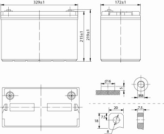 Аккумулятор 100 А/ч., 12В, 329х172х237 мм, вес 32,5 кг,