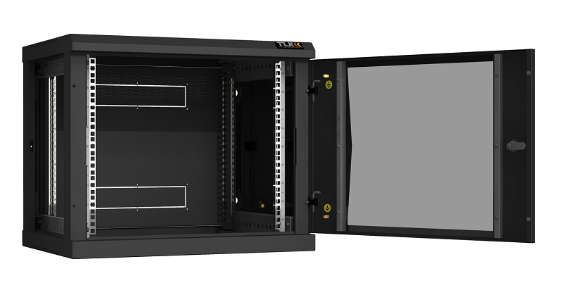 Настенный разборный шкаф TLK 19", 9U, стеклянная дверь, Ш600хВ503хГ450мм, 2 пары монтажных направляющих, черный