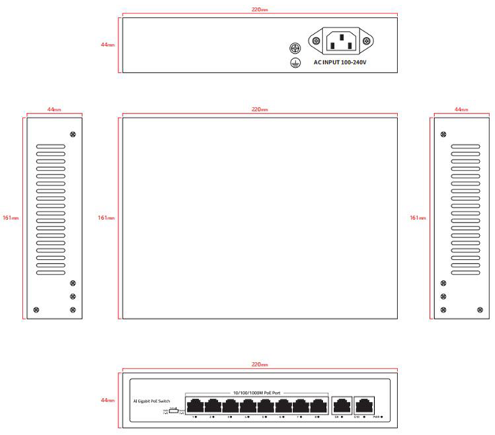 Неуправляемый РоЕ коммутатор, 10 портов (8 РоЕ RJ-45 х1Гбит/с + 2 Uplink RJ-45 х1Гбит/с); РоЕ IEEE802.3af/at до 30Вт/порт; РоЕ бюджет 110Вт; Поддержка VLAN, PoE Watchdog, PoE Priority (1-8 порты), Extend режим 220м (7-8 порты); AC 100-240В; -10~50℃; 315х215х85мм, вес: 1.38 кг.