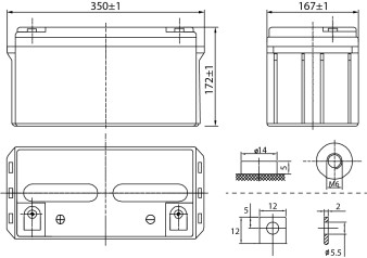 Аккумулятор 65 А/ч., 12В, 348х168х184 мм, вес 22 кг