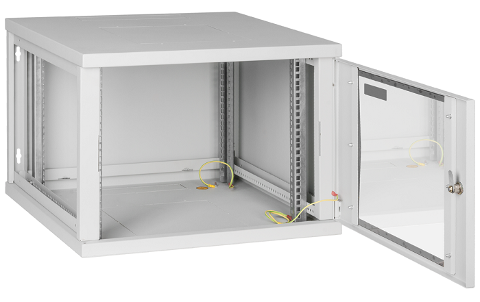 Настенный разборный шкаф TLK 19", 9U, стеклянная дверь, Ш600хВ436хГ450мм, 1 пара монтажных направляющих, серый
