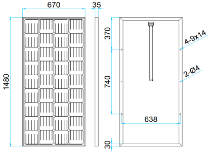 Солнечный модуль, Моно, Номинальная мощность 150Вт, Uном 12В, 1480x670x35, Кол-во элементов 36, 12 кг