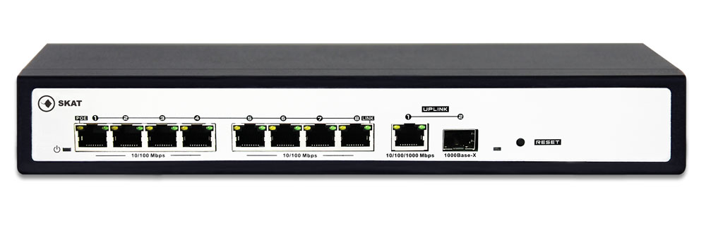 SKAT-PoE-8E-1G-1S. Специализированный неуправляемый PoE коммутатор. IEEE 802.3af/at) по 8 портам. Дополнительные порт UPLINK RJ45 10/100/1000Mbps и оптический порт SFP 1000Base-X